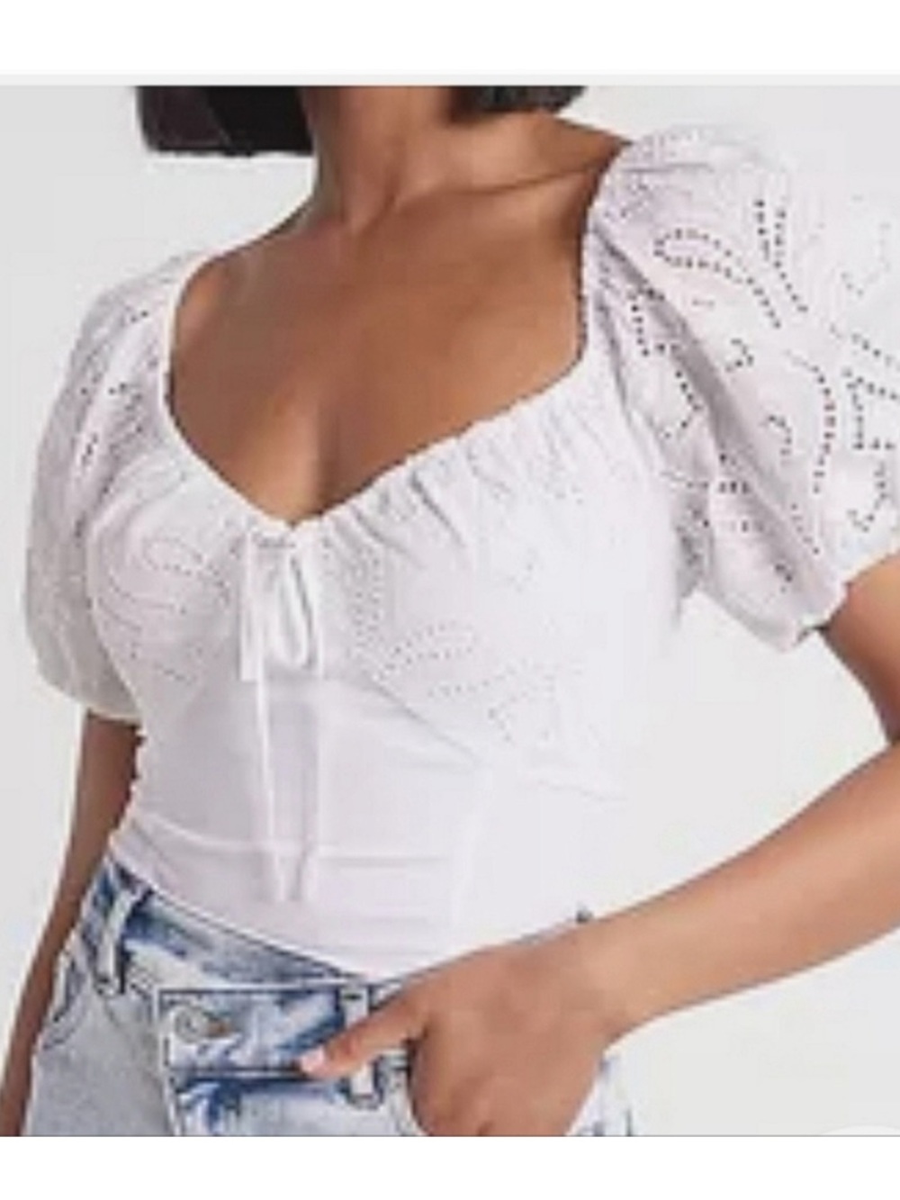 Express White Puffed Sleeve Smocked Back Bodysuit